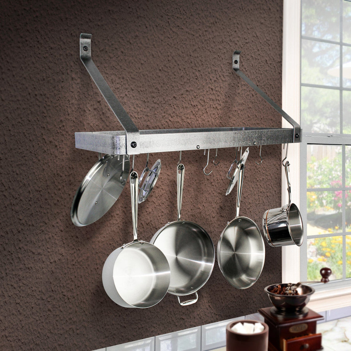 Enclume Wall Hammered Steel / Straight 30" Gourmet Bookshelf Wall Rack w/ 12 Hooks