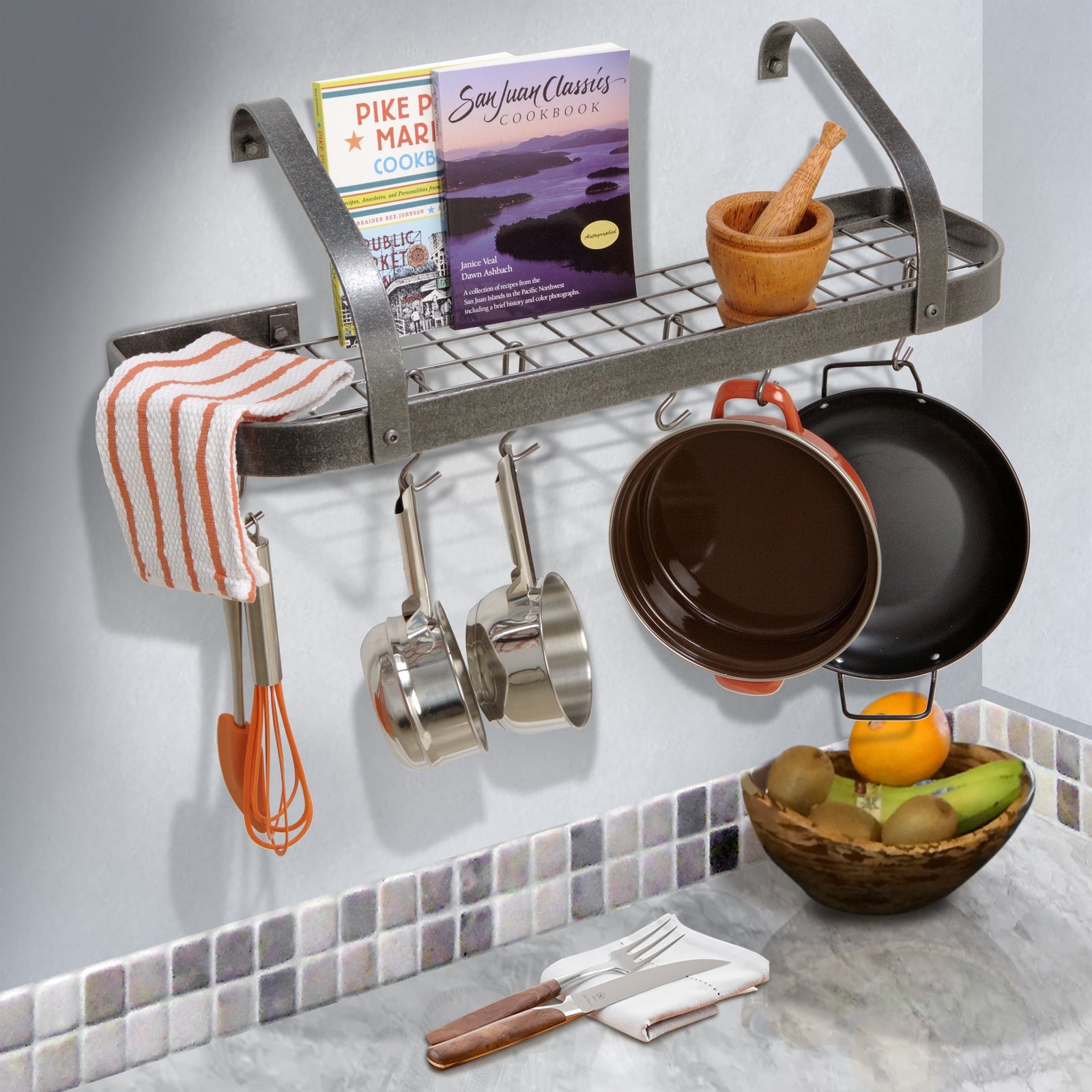 Enclume Wall Handcrafted 32" Elite Bookshelf Wall Rack w 12 Hooks Hammered Steel