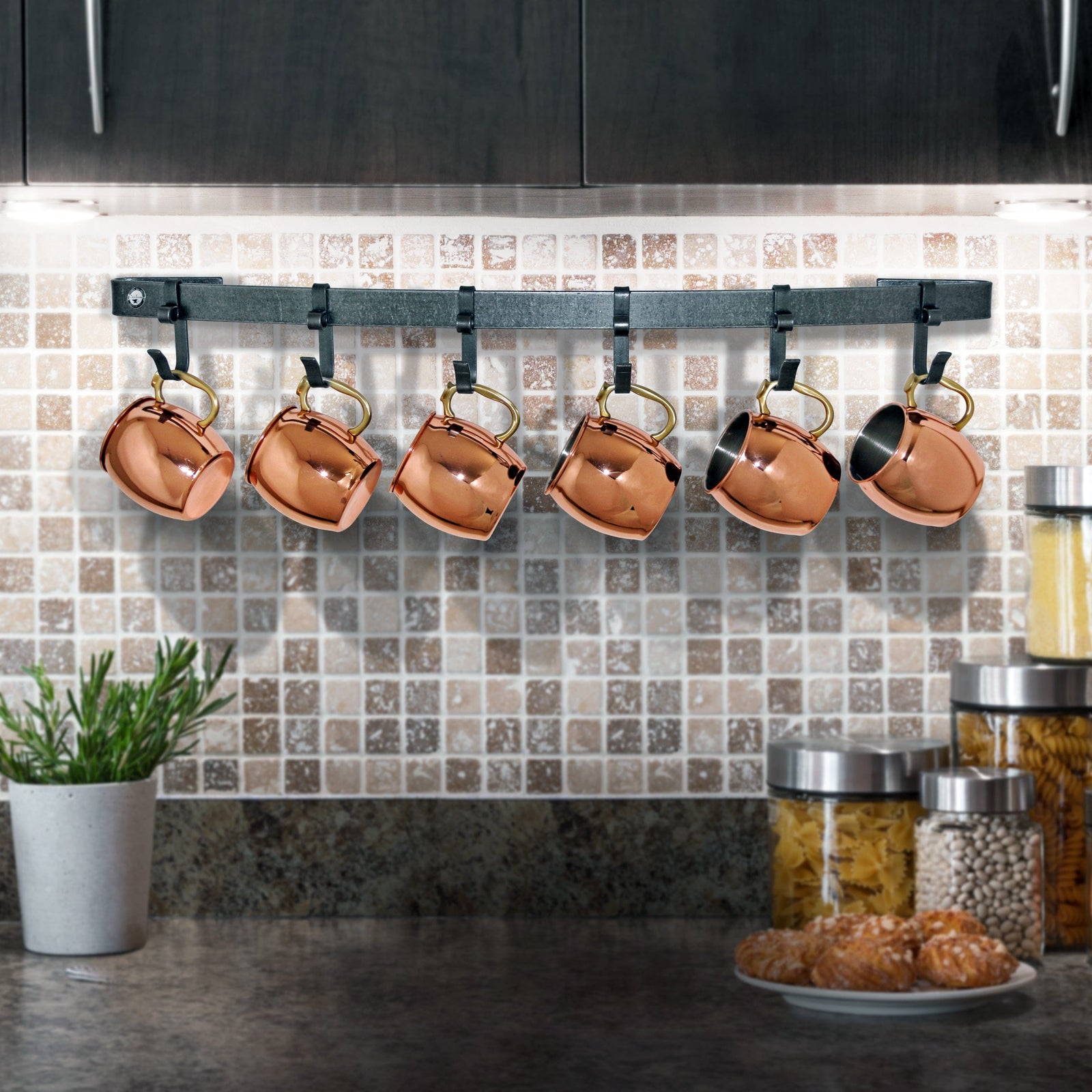 Enclume Wall Handcrafted Moscow Mule Mug Rack 30" w 6 Hooks, Hammered Steel