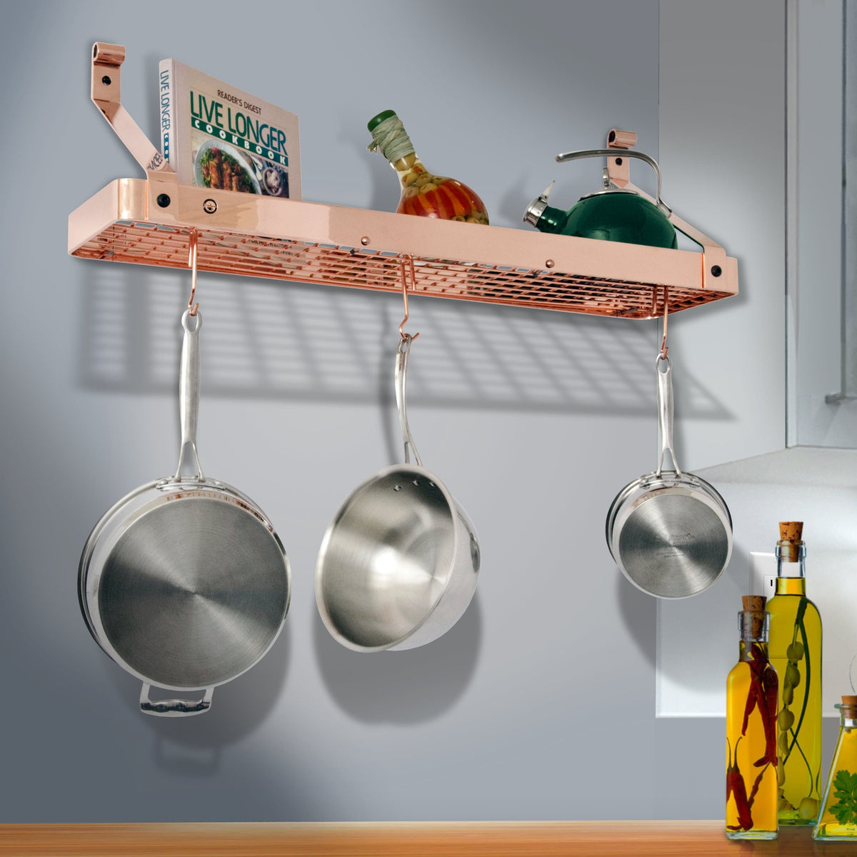 Enclume Wall Rolled Eye / Copper Plated 24" Gourmet Bookshelf Wall Rack w/ 12 Hooks