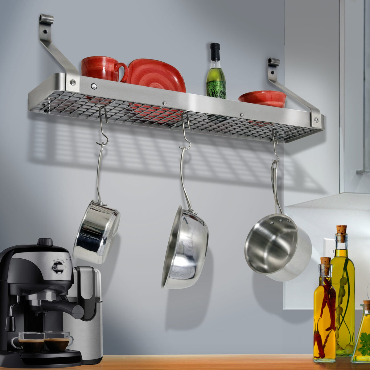 Enclume Wall Stainless Steel / Rolled Eye 30" Gourmet Bookshelf Wall Rack w/ 12 Hooks