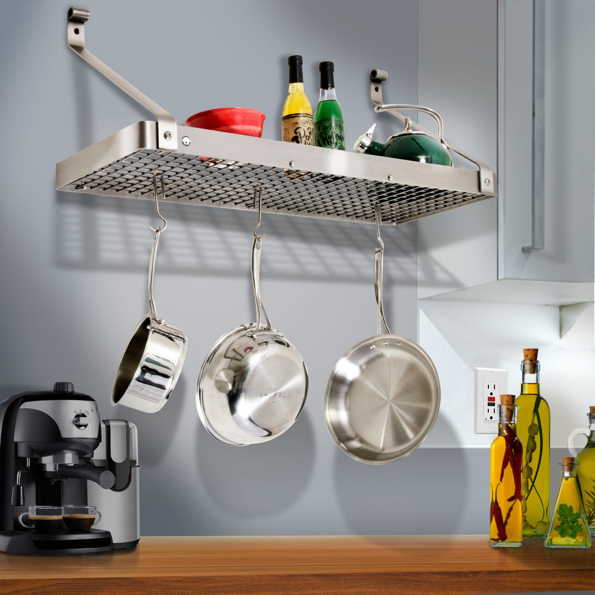 Enclume Wall Stainless Steel / Rolled Eye 36" Gourmet Deep Bookshelf Wall Rack w/ 12 Hooks