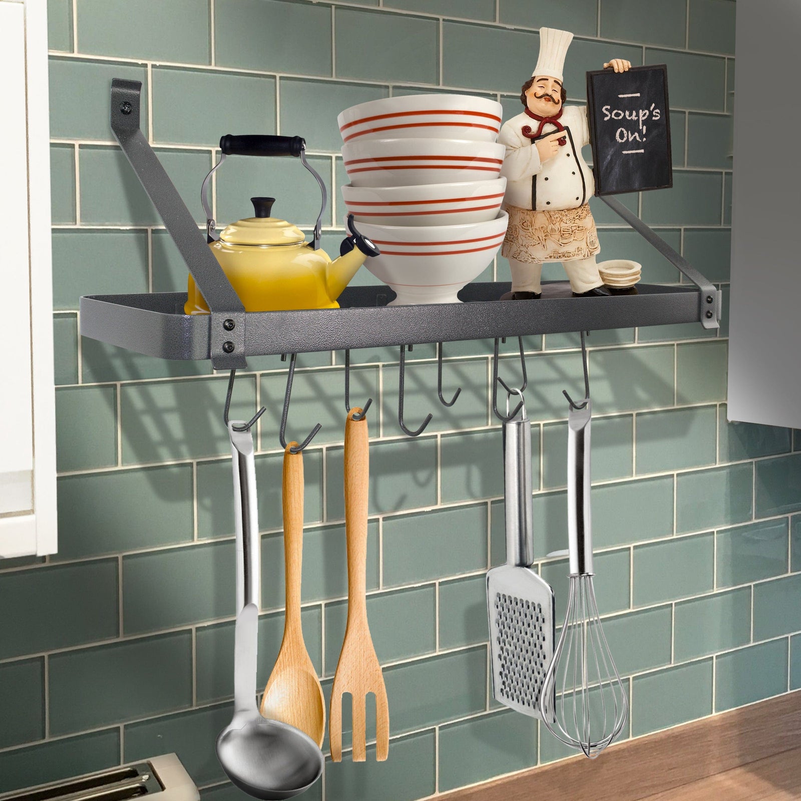 Rack It Up Wall 24" Rack It Up Solid Frame Steel Grey Bookshelf Wall Rack w/Straight Arms & 8 Hooks