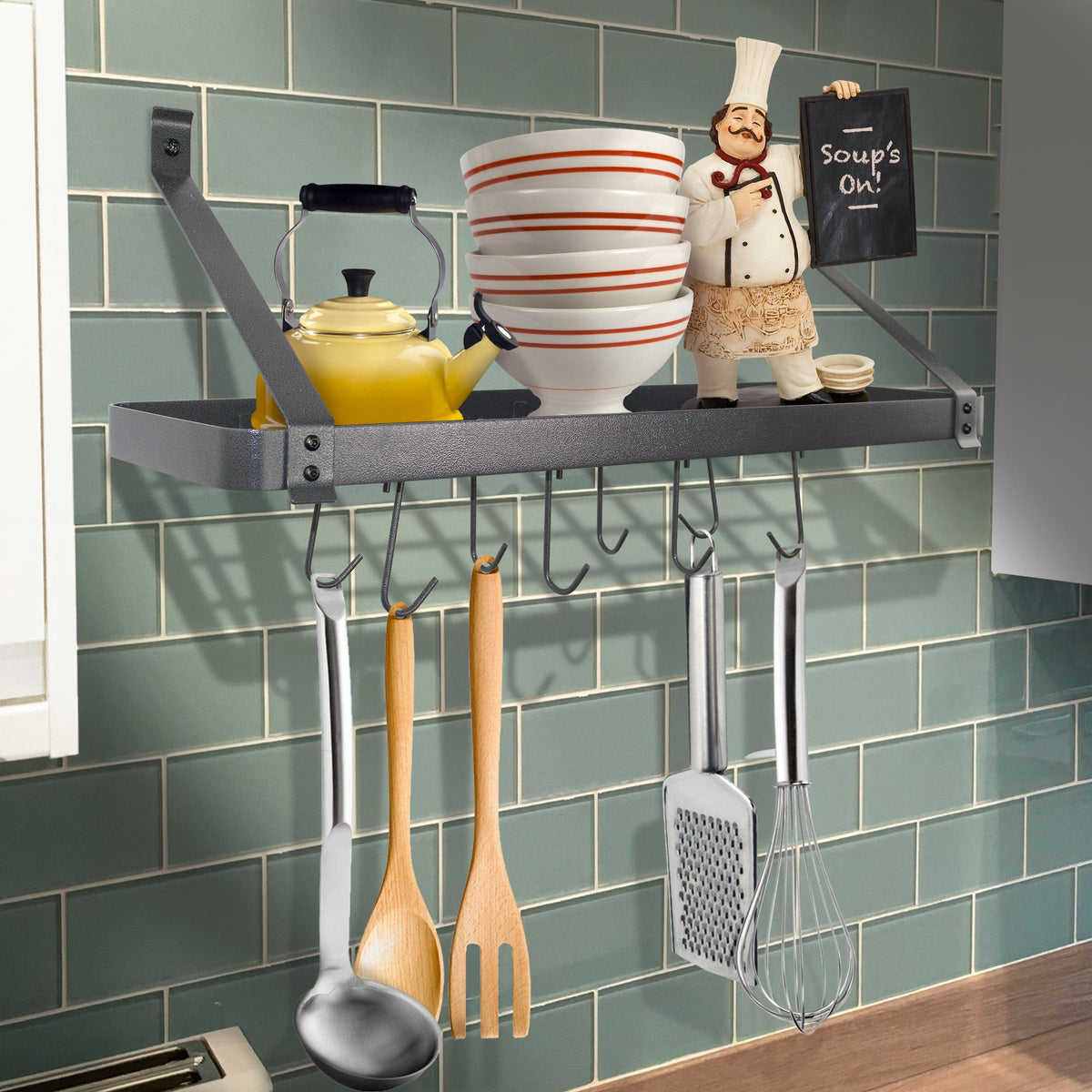 Rack It Up Wall 24" Rack It Up Solid Frame Steel Grey Bookshelf Wall Rack w/Straight Arms & 8 Hooks
